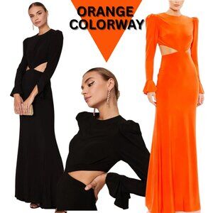 NEW $398 Mac Duggal Size 6 Orange Puff Long Bell Sleeve Cut Out Maxi Gown Dress